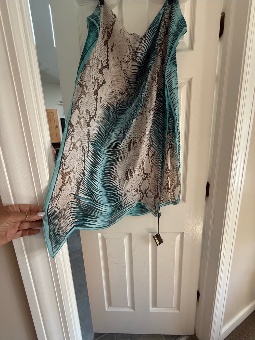 Roberto Cavalli Turquoise and Brown Snake-Print Silk Scarf